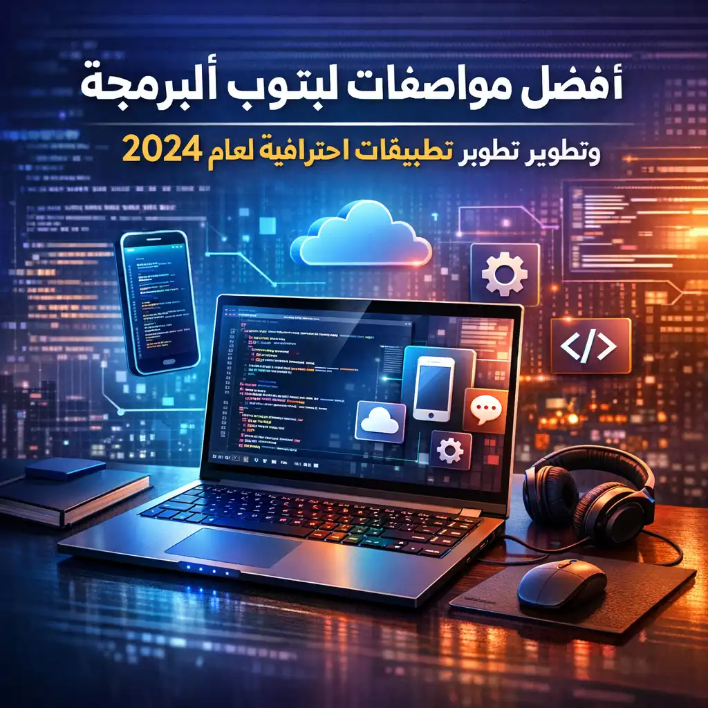 تصميم تقني مستقبلي يوضح أفضل مواصفات لابتوب البرمجة وتطوير التطبيقا