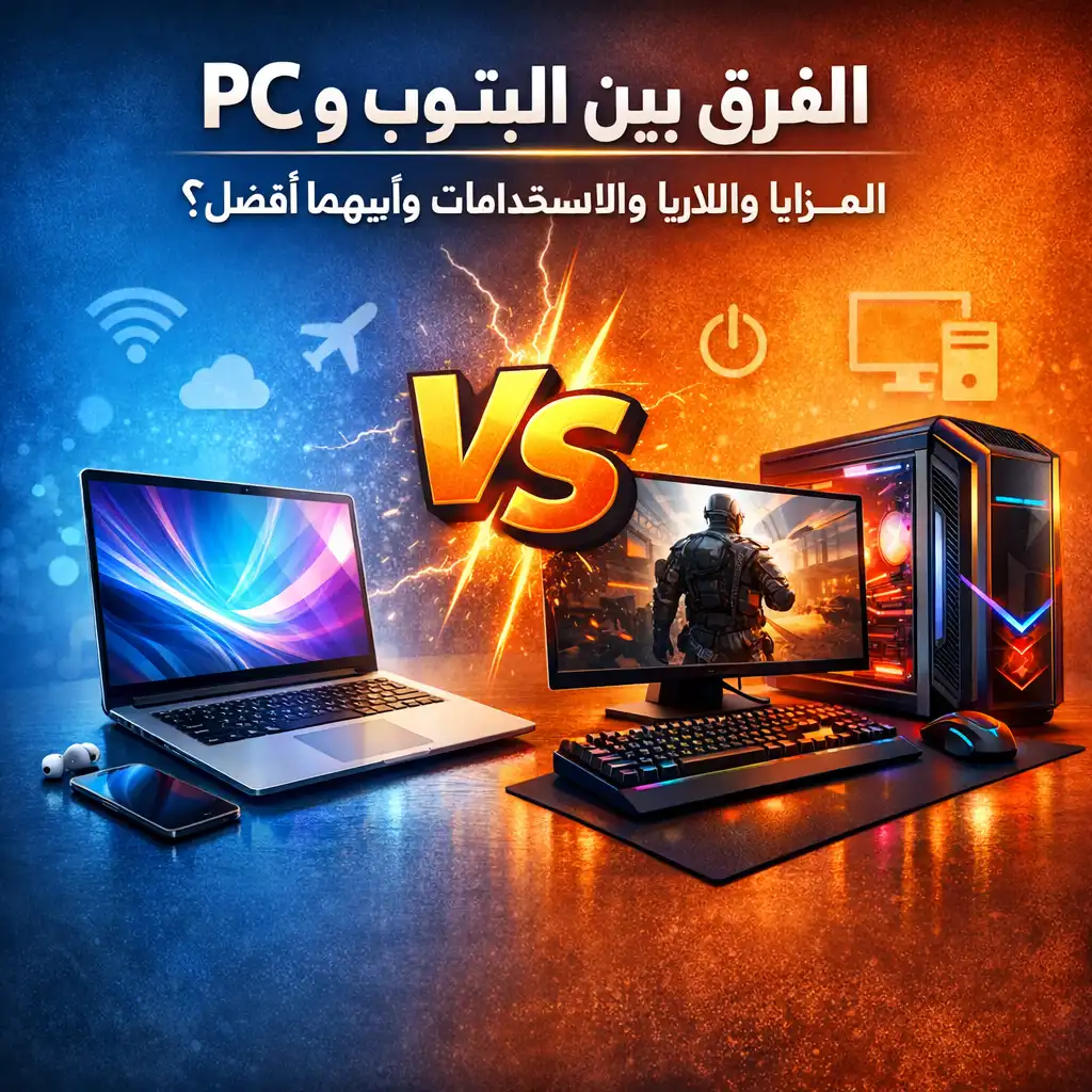مقارنة توضح الفرق بين الابتوب وPC من حيث الأداء وقابلية النقل والاستخ