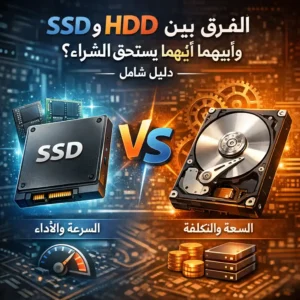 مقارنة توضيحية بين SSD وHDD من حيث السرعة والأداء والسعة والتكلفة لاختي