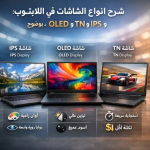 إنفوجرافيك يوضح أنواع الشاشات في اللابتوب: IPS وOLED وTN ومزايا كل نوع.