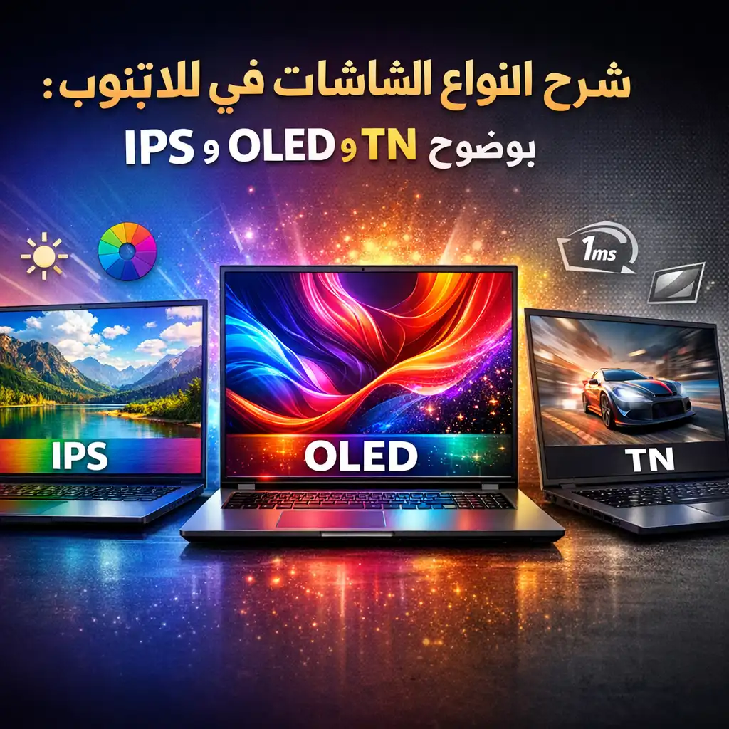 Illustration of شرح انواع الشاشات في اللابتوب: IPS وOLED وTN بوضوح