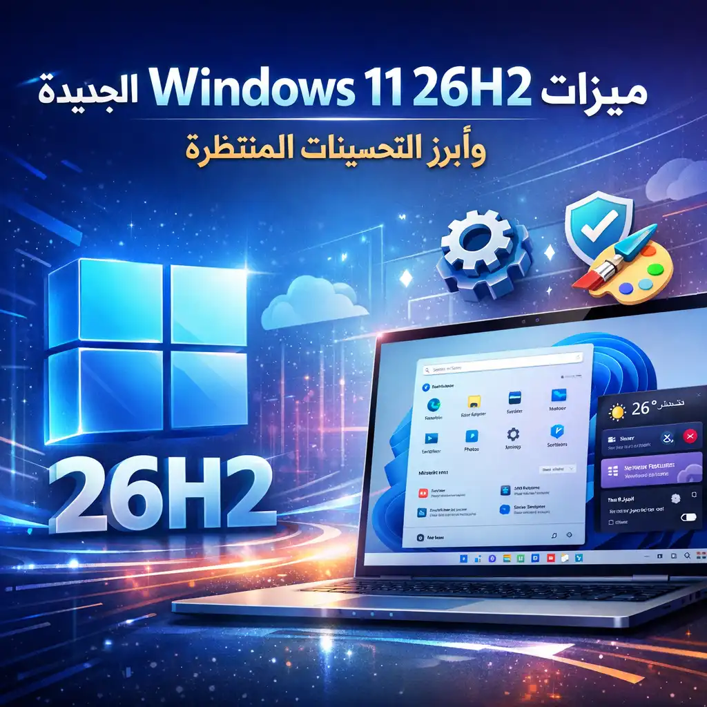 ميزات Windows 11 26H2 الجديدة مع شعار ويندوز متوهج وأيقونات تقنية مستقبلية